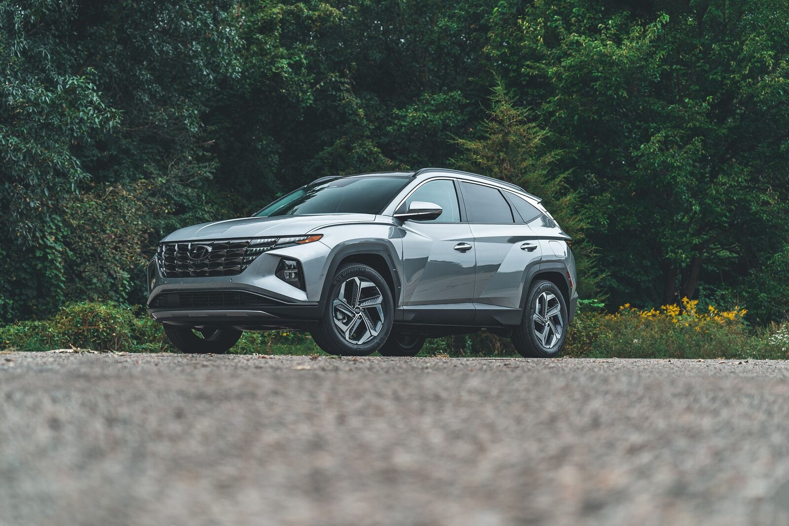 Серебристый Hyundai Tucson на обочине лесной дороги